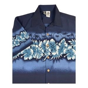 Kennington Mens Hawaiian Floral Button‎ Up Shirt Large Blue Polyester Short